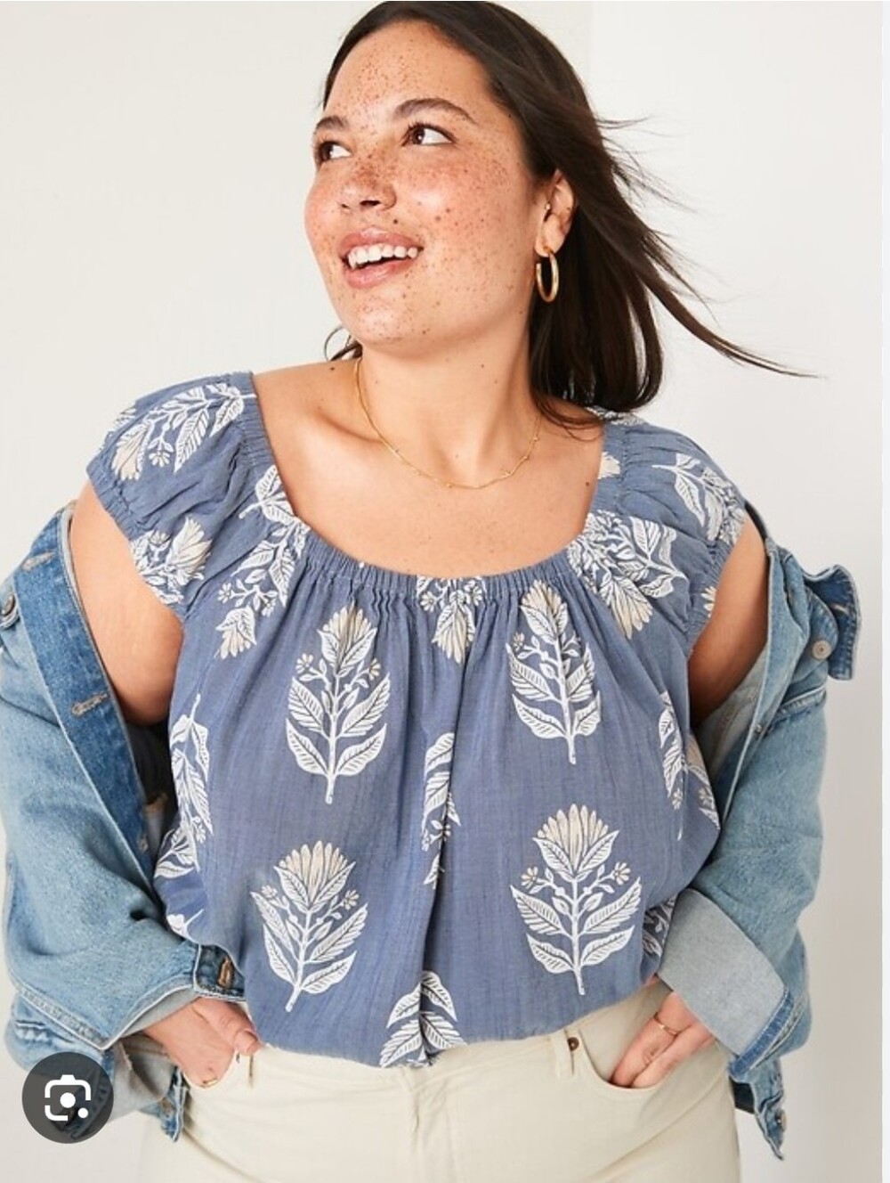 Old Navy Blue Floral Tie-Back Swing Blouse Plus Size Cotton Blend Boho